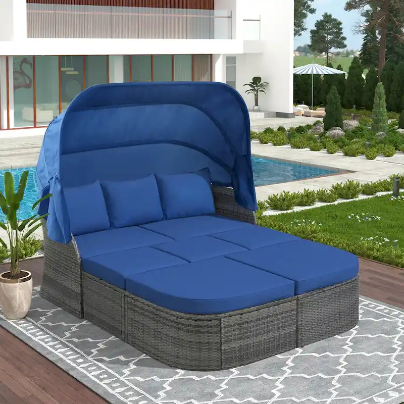 Modular Daybed Sunbed Patio Canopy Bed Wicker Conversation Set