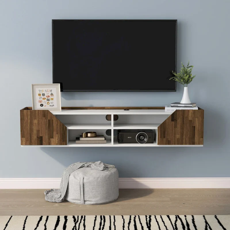 61-Inch Two-Tone White Floating TV Stand with 4 Shelves, Transitional Style Media Console