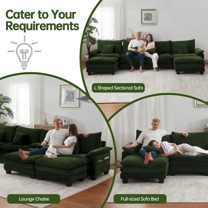 144 Modular Compression Sofa Set Convertible Sectional Sleeper Couch with 2 Ottomans