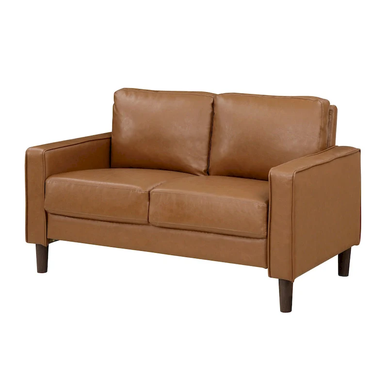 Stark 54 Inch Loveseat, Brown Faux Leather, Track Style Arms, Solid Wood