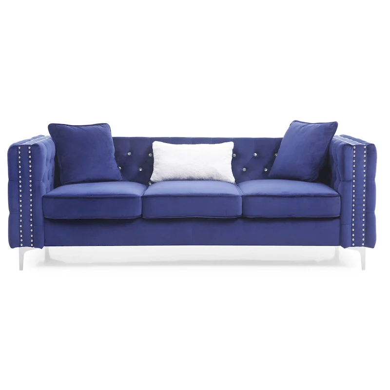 Tufted Velvet Sofa - Blue, 3-Seater, Track Arms, 2 Throw Pillows, 86W x 30H, Contemporary