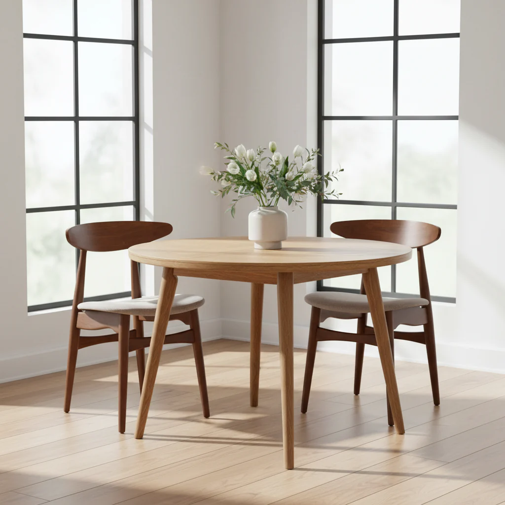 Mid-Century Modern Dining Chair featuring Light Gray Fabric and Medium-Brown Oak Finish