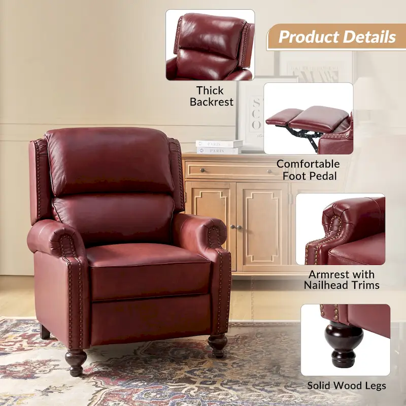 Gabriela Mid-Century Modern Genuine Leather Recliner Nail Head Trim Set of 2 by HULALA HOME