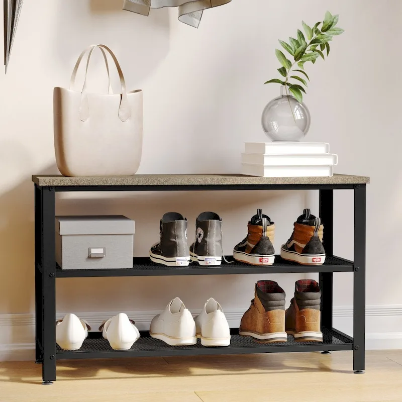 3-Tier Entryway Bench with Mesh Metal Shoe Storage Shelves
