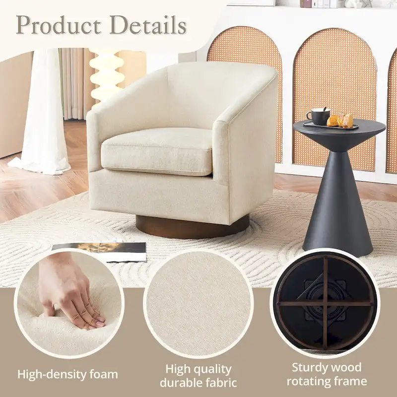Modern Accent Chair Upholstered Fabric Living Room Swivel Barrel Armchair Wood Frame