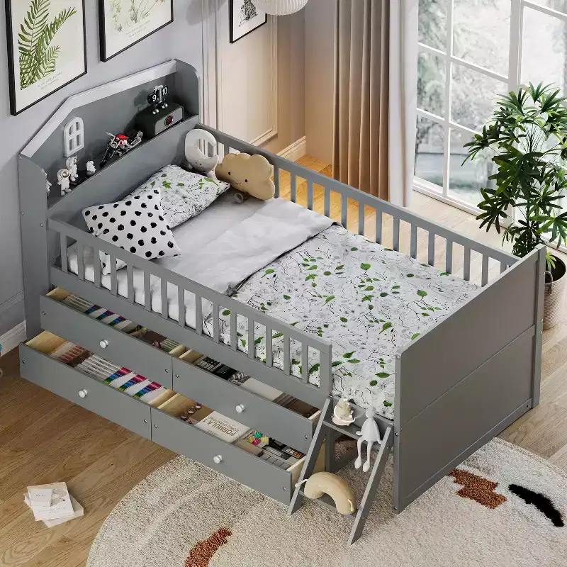 Gray Wood Twin Loft Bed with 4 Storage Drawers, 1-Person