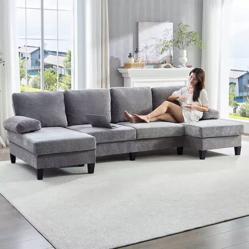 Mjkone 110U-Shaped Sectional Couches,Chenille Upholstered Large 4-Seater Sofa with Double Chaises and Sleepable Armrests