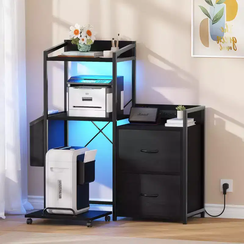 3-Tier Printer Stand with LED Lights, Drawers & Charging Station – Black / Brown / Wood