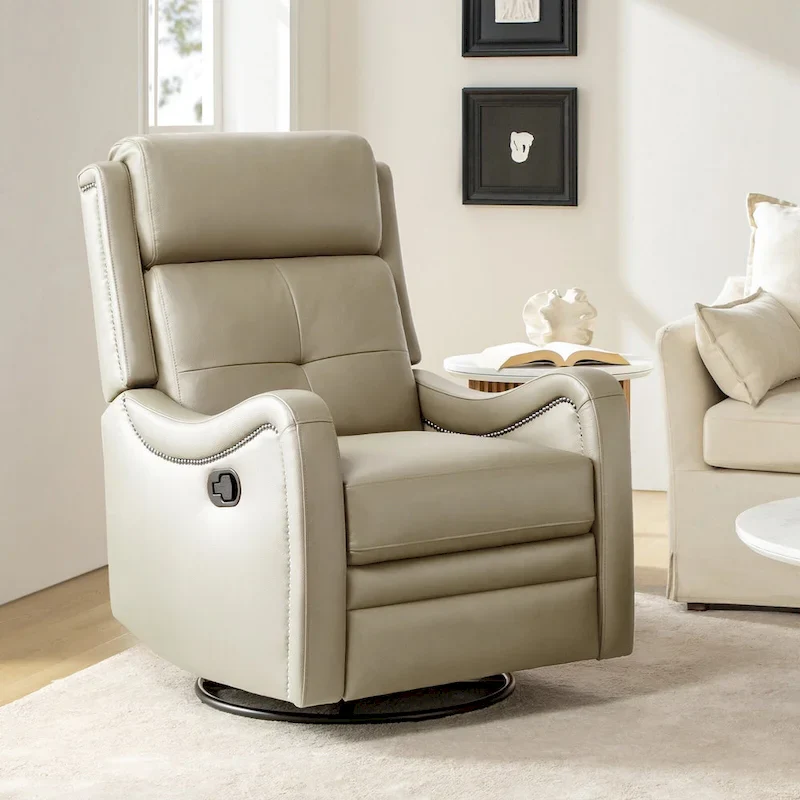 Genuine Leather Swivel Rocker Recliner with Nailhead Trims by