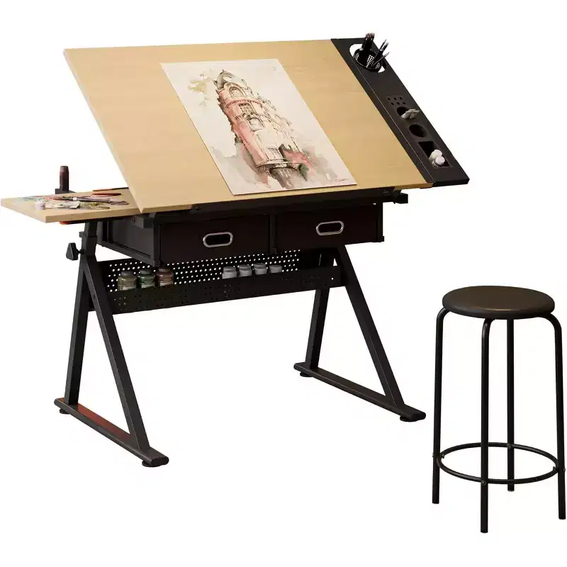 Beige / Brown Adjustable Drafting Table with Stool, 1-Person