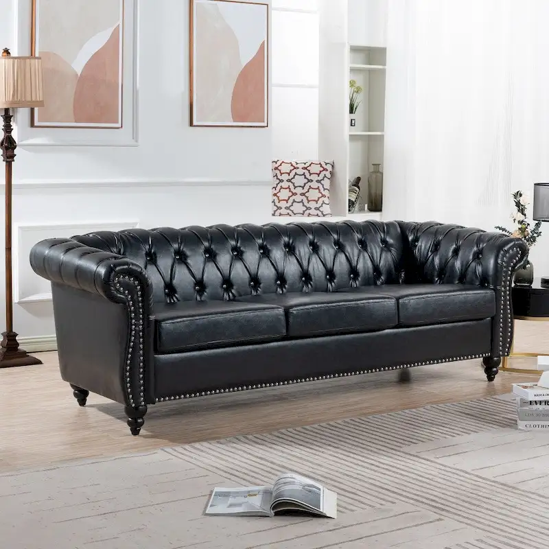 84.65 PU Rolled Arm Chesterfield 3 Seater Sofa