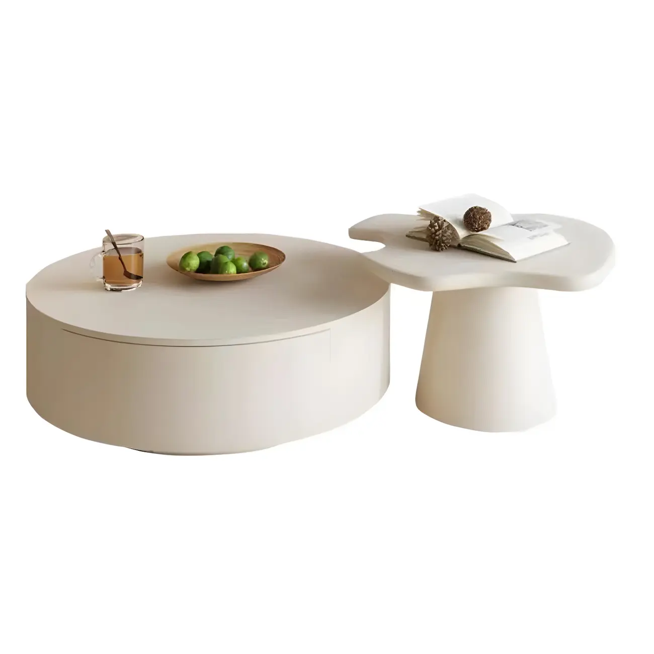 White Round Pedestal Modern Wood Drawer Coffee Table