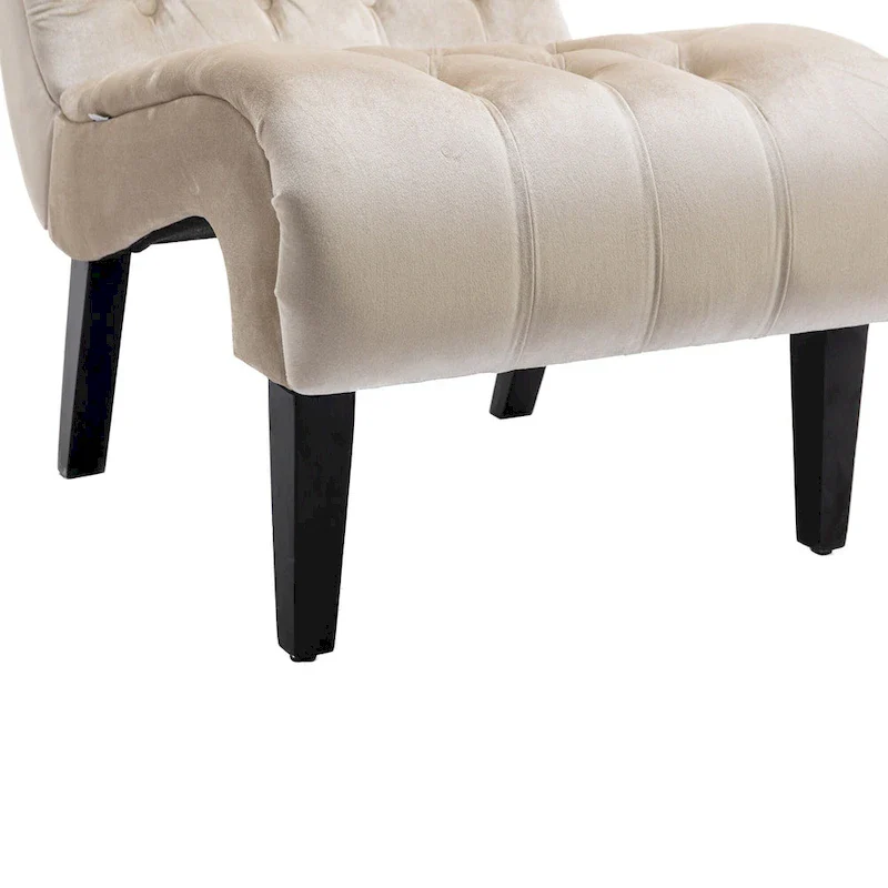 Beige Velvet Accent Chair with Button Tufting and Wooden Legs