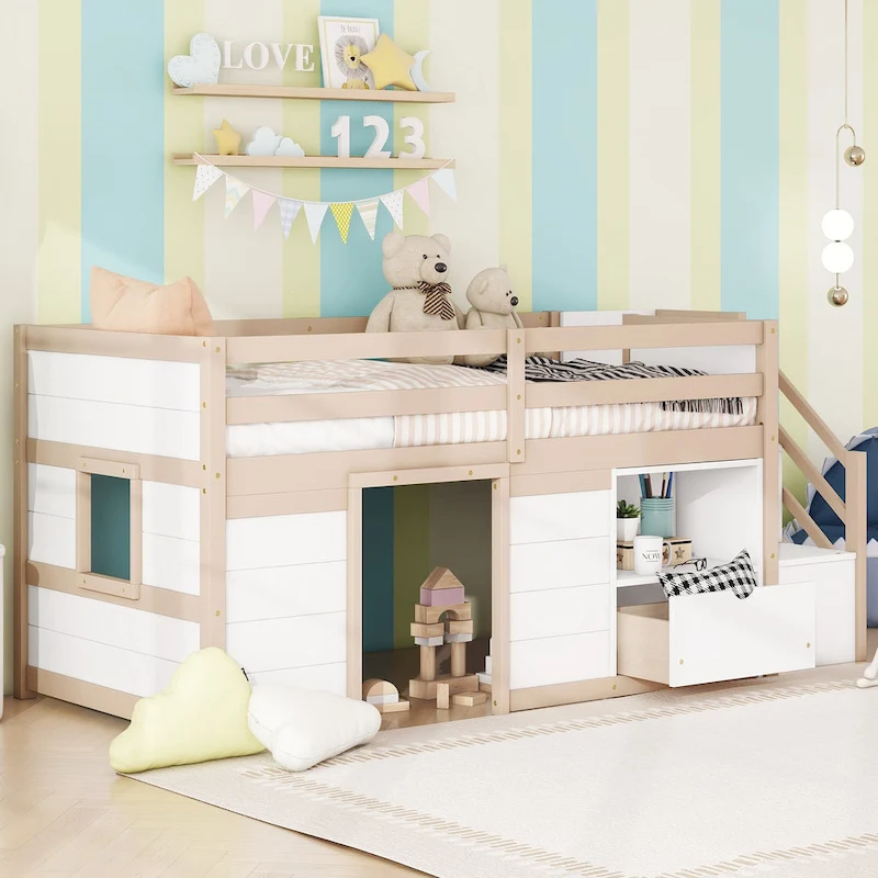 Solid Wood Low Loft Bed With Drawer and Stair,Twin Szie