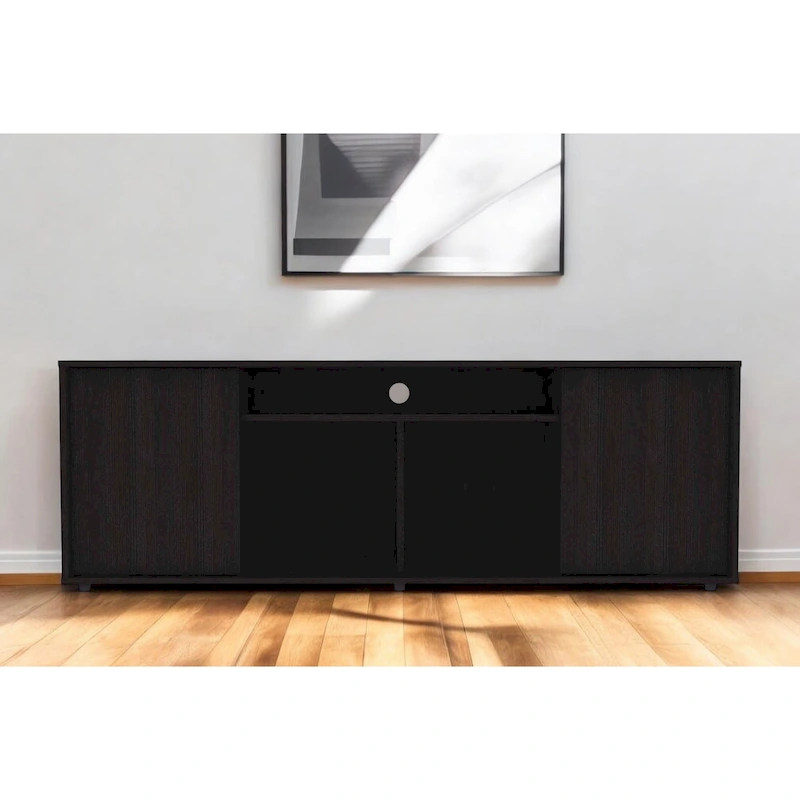 Modern Black TV Stand for 65 Inch TVs with Cabinets and Open Shelves and Wenge Wood Finish - 20 H x 59 W x 15 D