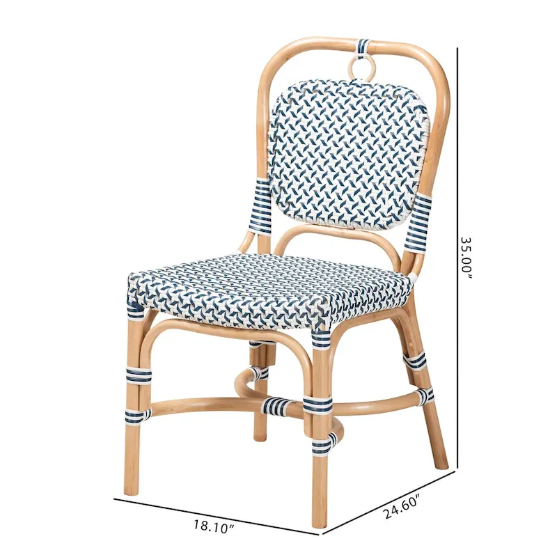 Luciana Modern French Blue and White Weaving Natural Rattan Bistro Chair