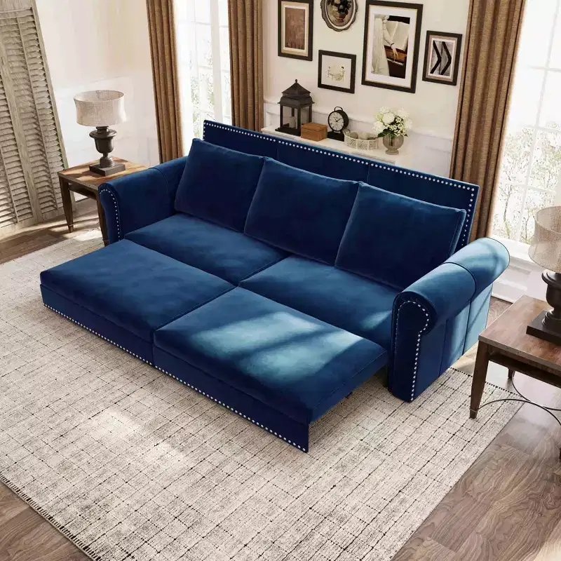 MAYEERTY 93.7 King Pull Out Sofa Bed, 3-in-1 Velvet Convertible Sleeper Sofa with Nailhead Trim& Rolled Arm Blue