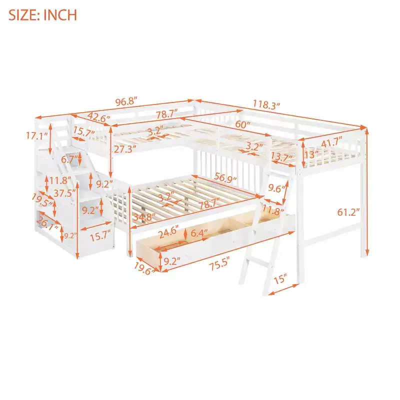 Stylish Design Twin over Full L-Shaped Bunk Bed With 3 Drawers, Ladder and Staircase