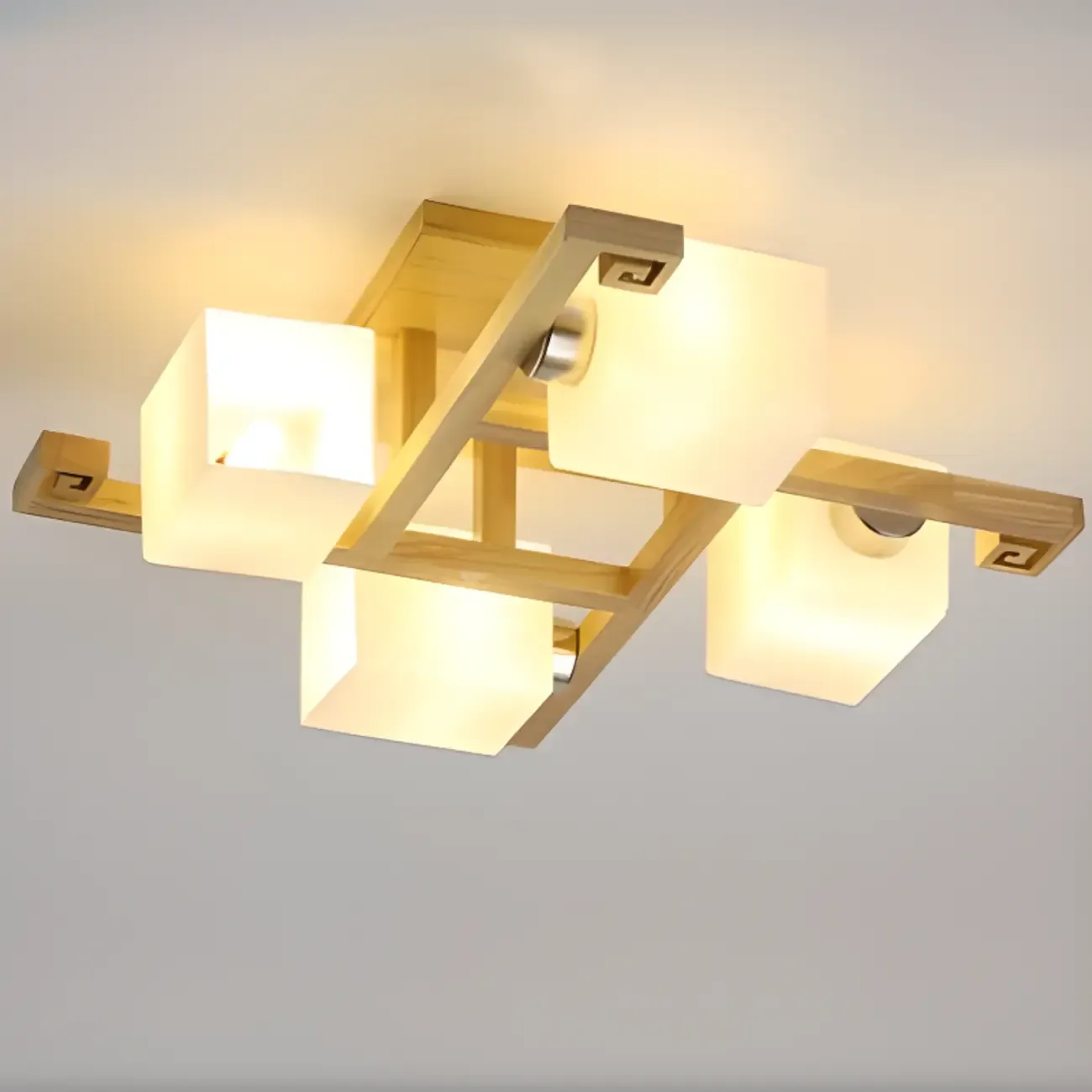 8.5 Height Square Glass Natural Wood Semi Flush Ceiling Light