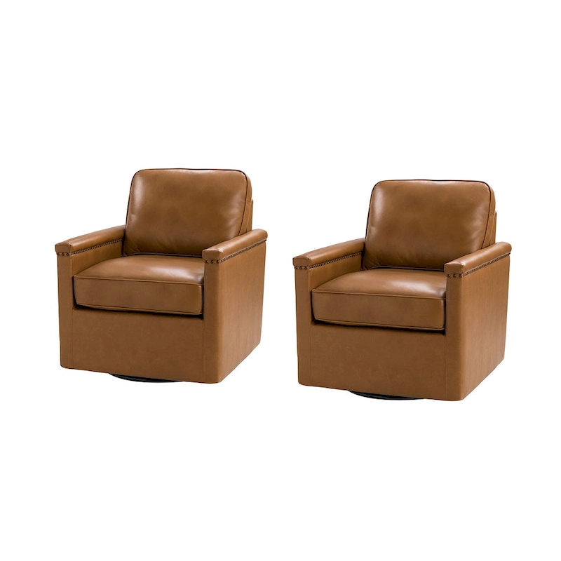 Rita Classic Genuine Leather Swivel Armchair With Nailhead Trims Set Of 2 By HULALA HOME