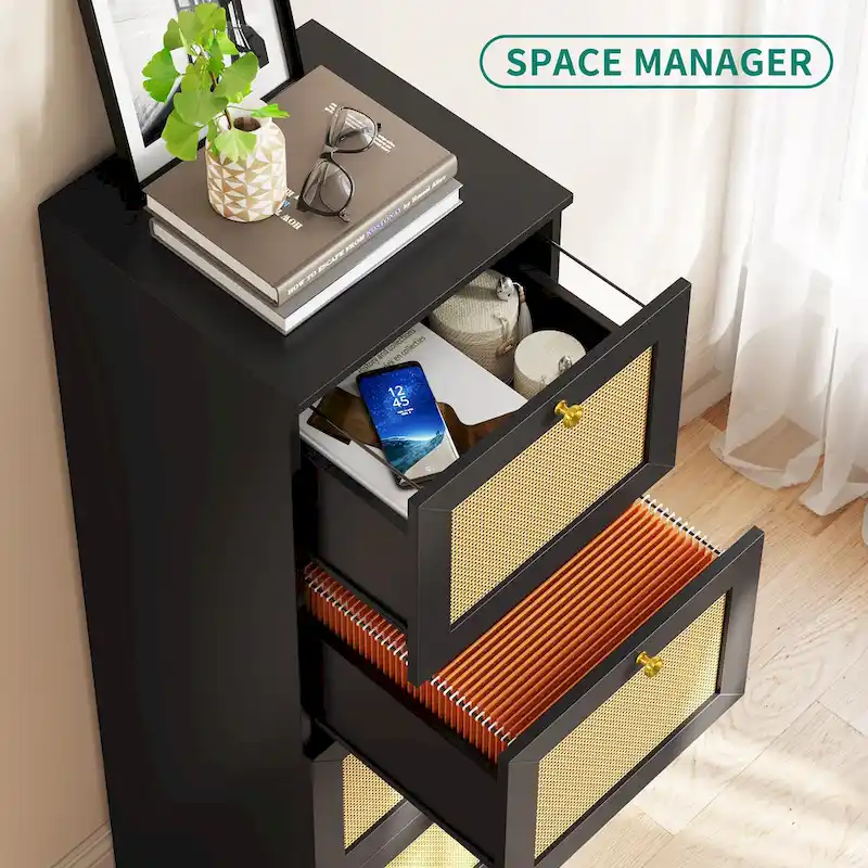 Moasis 15-inch Deep 4 Drawers Rattan Vertical File Cabinet with Lock
