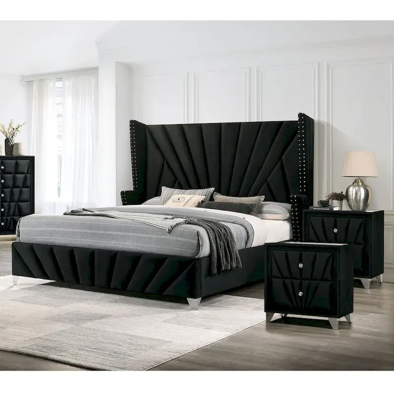 Ambrosia Glam Black Fabric Upholstered Nailhead 3-Piece Panel Bedroom Set by Furniture of America
