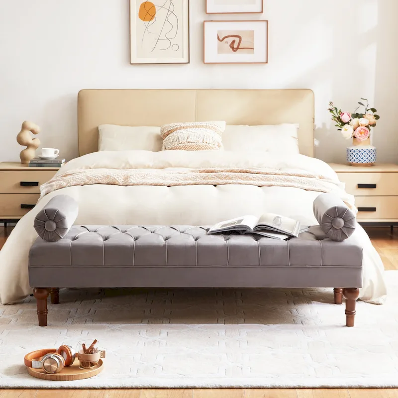 Velvet Bedroom Bench Pink/ Beige/ Blue/ Gray Upholstered Bench with Button-Tufted 60.2.