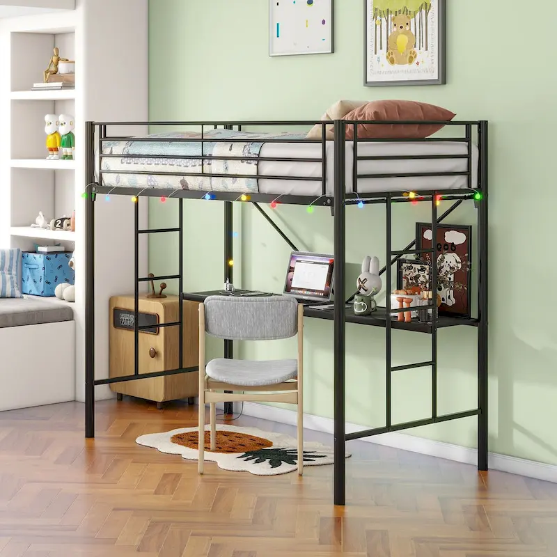 Twin Metal Loft Bed with Desk, Power Outlet and LED Lighted, Safety Guard & Ladder, No Box Spring Needed