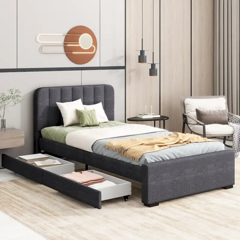 Twin Upholstered Platform Bed with Storage Drawers & USB Ports