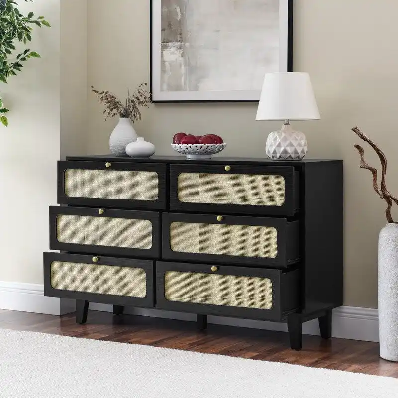 Grondin Mid-Century Modern Boho Style 6 Rattan Drawers Double Dresser with MDF Frame and Solid Wood Legs,