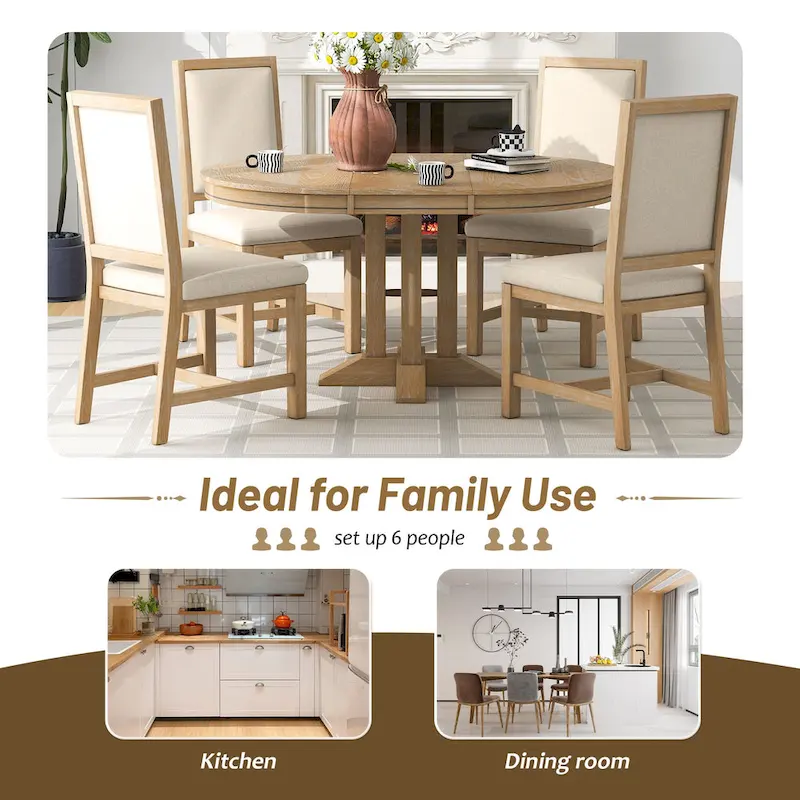 5-Piece Wooden Dining Table Set with Extendable Round Table & 4 Chairs
