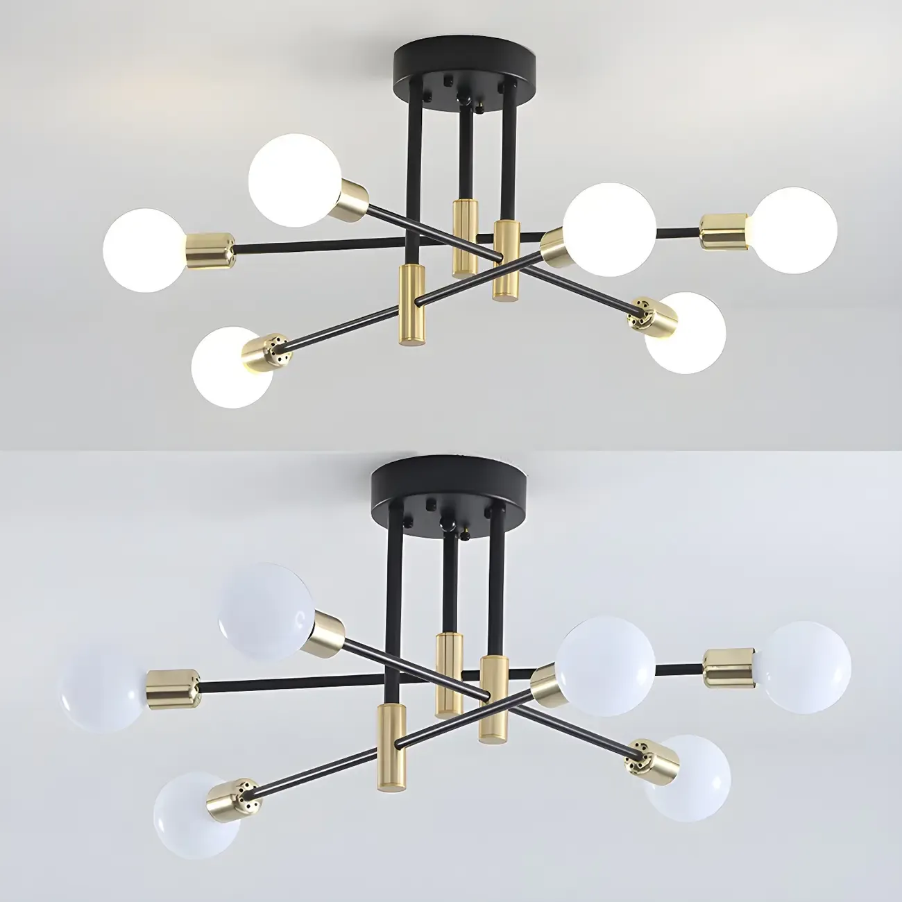 Modern Industrial Black Gold Sputnik Semi Flush Ceiling Light