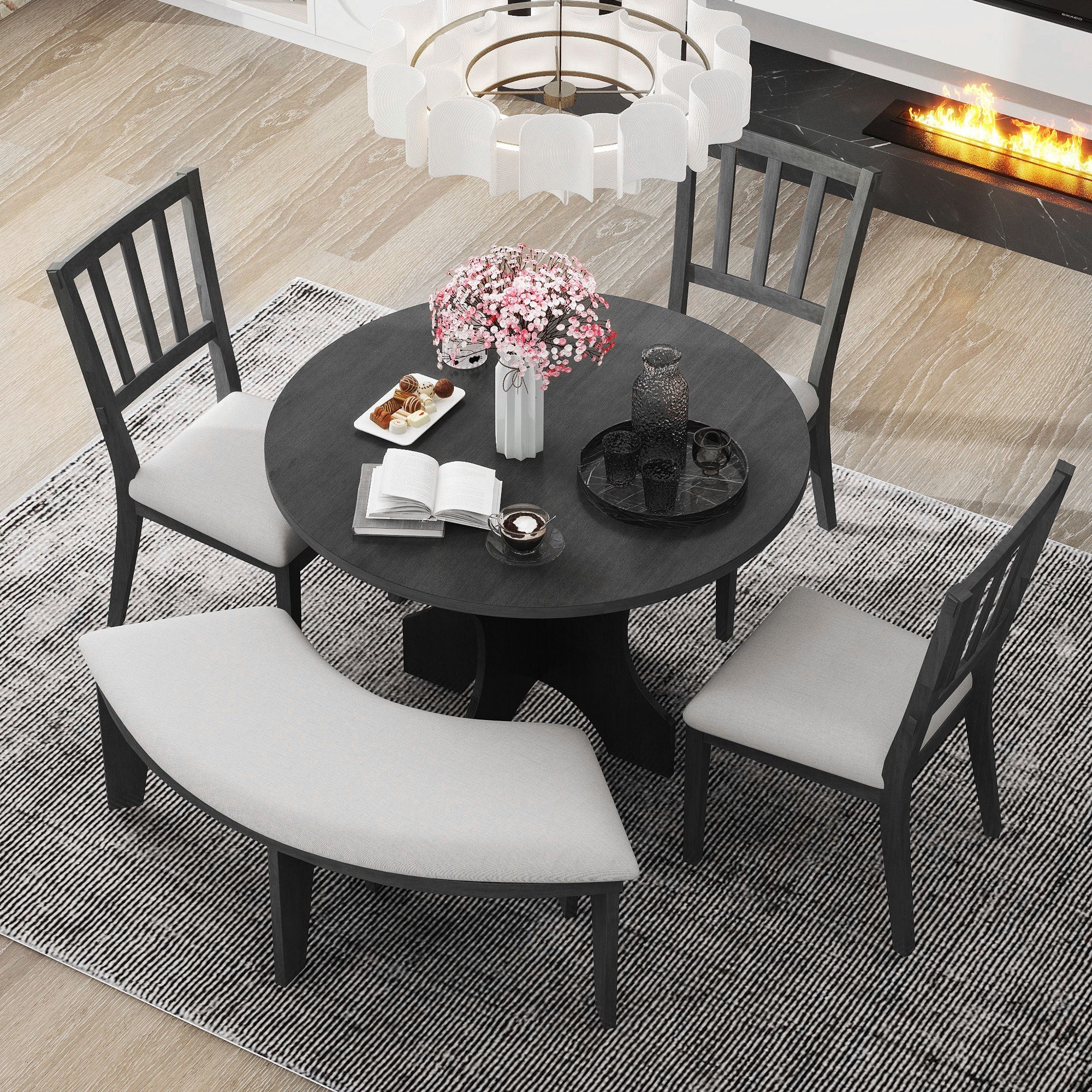 Walker Edison | Charming 5-Piece Rustic Round Dining Set with Chairs and Curved Bench