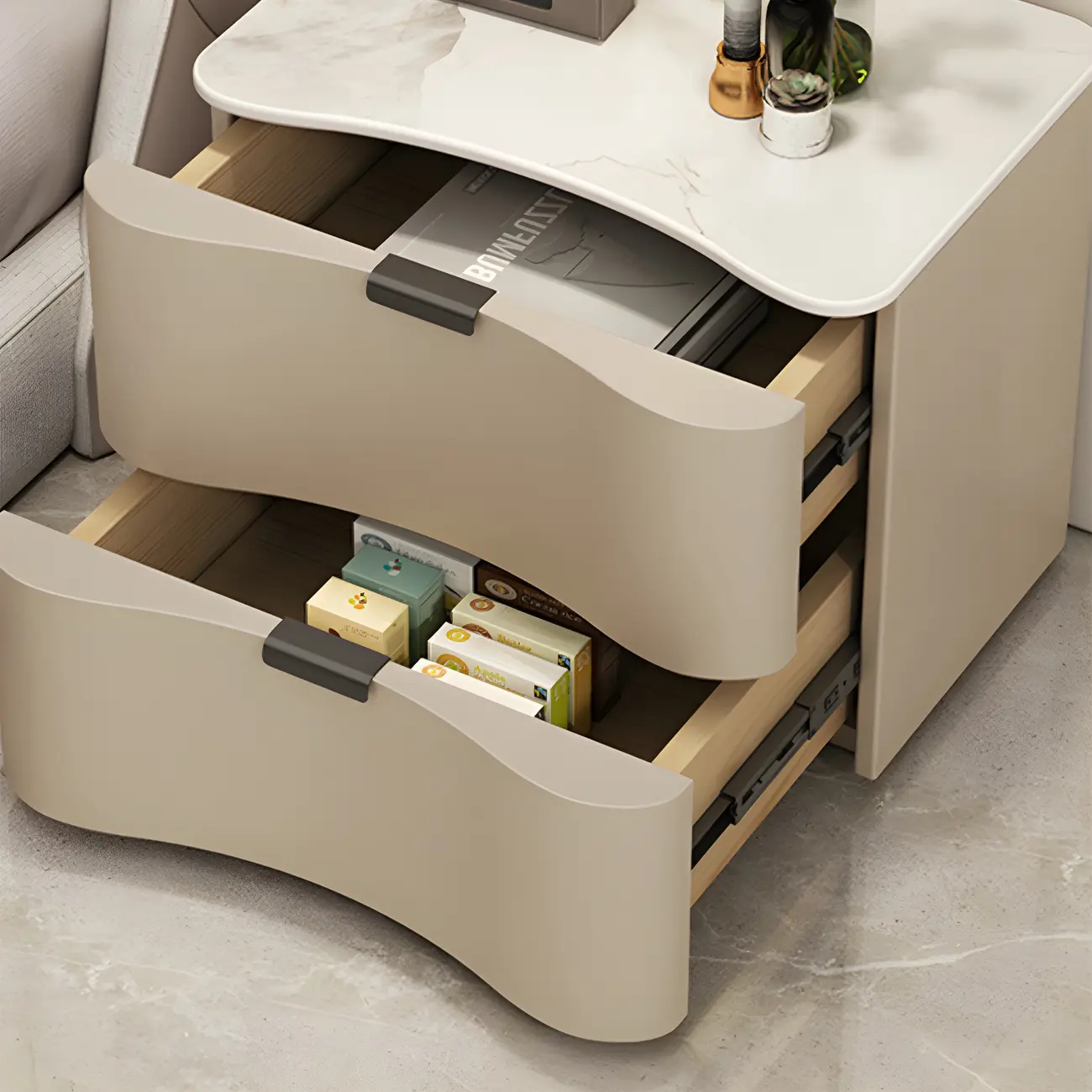 Modern Waved Stone Top Leather 2-Drawer Nightstand