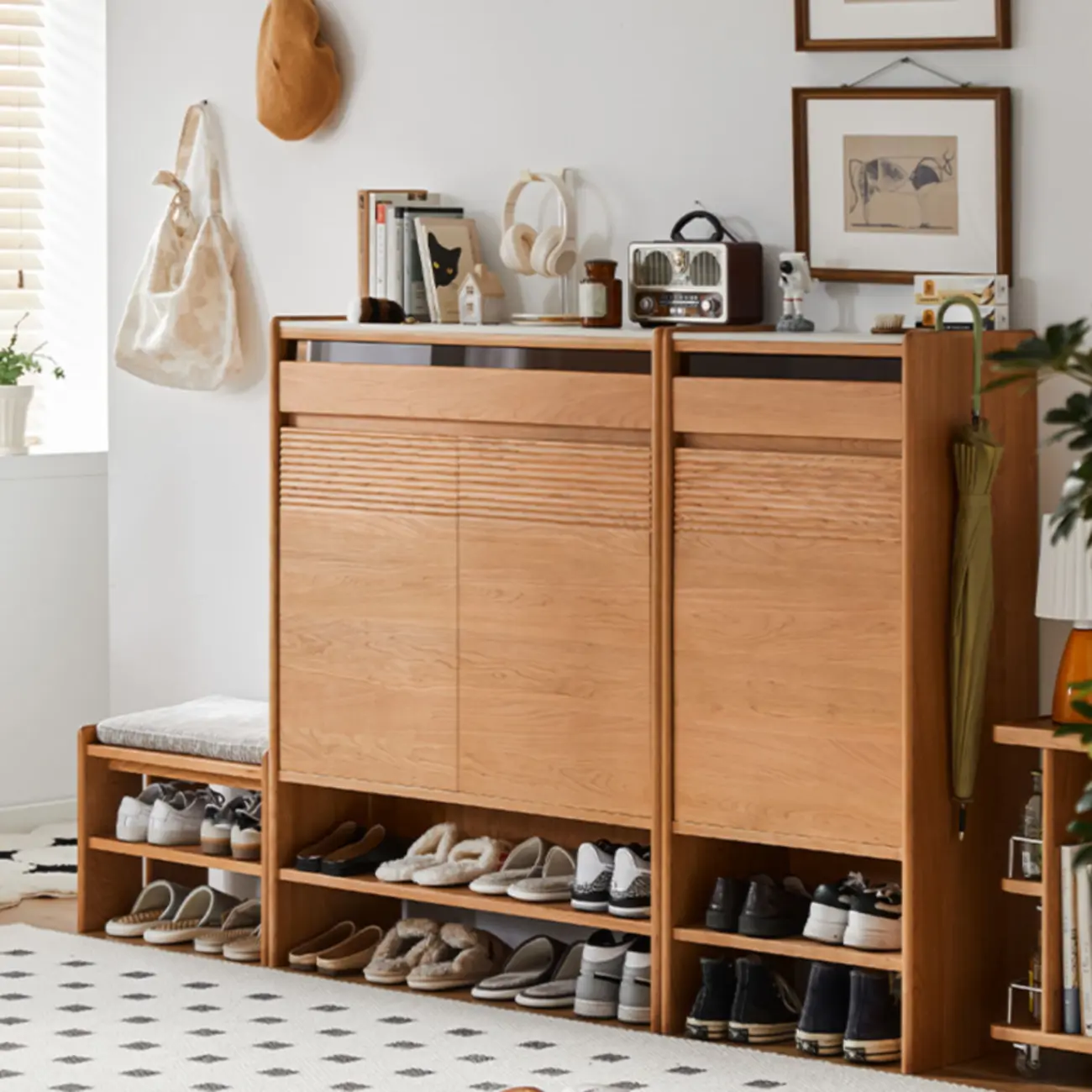 Entryway Cherry Solid Wood Shoe Organizer Cabinet