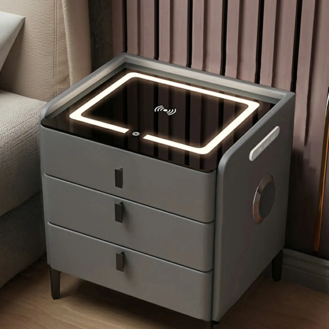 Narrow 3-Drawers Glass Top Wooden Nightstand with Light