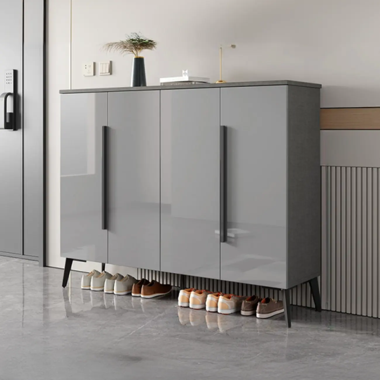 Trendy Gray-White Wooden Shoe Cabinet with Display Top