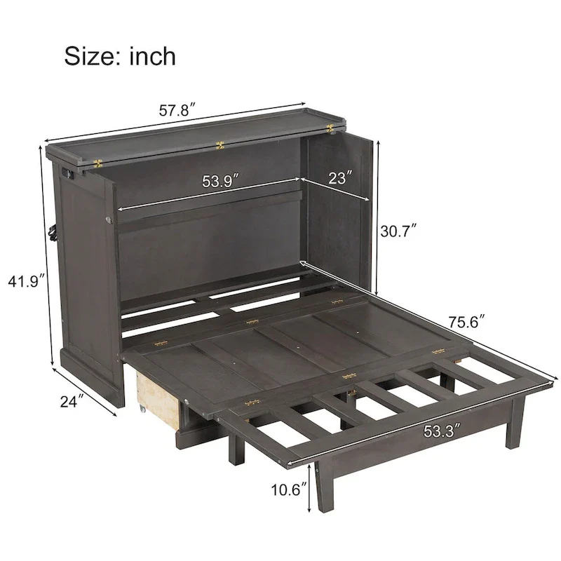 Solid Pine Murphy Bed Chest Cube Cabinet Bed with Charging Station and Large Storage Drawer for or Small Room,Full