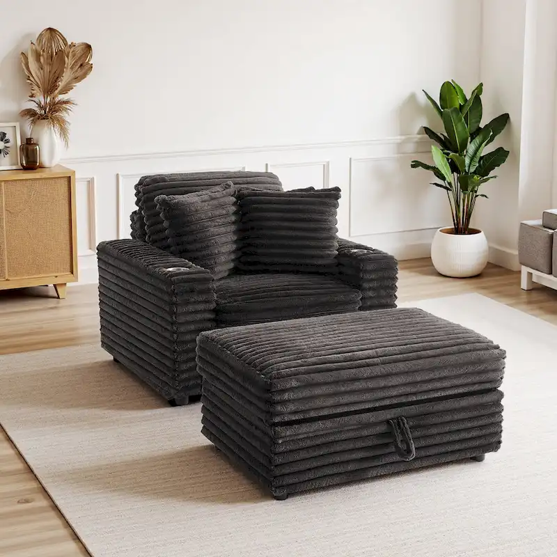 Oversized Cotton Flannel Chaise Longue with Storage Ottoman