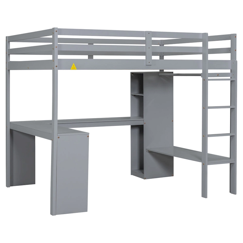 Grey Full Size Solid Wood Loft Bed with L-shaped Desk & Storage