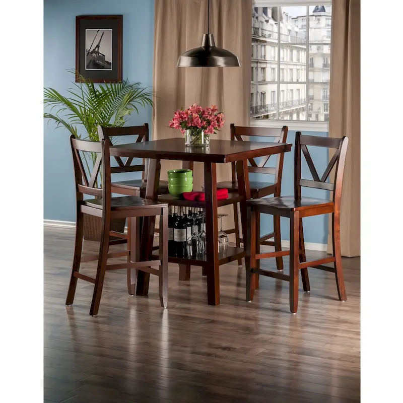 5-Pc High Table with V-Back Counter Stools, Walnut