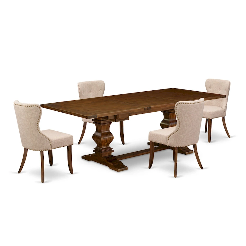 East West Furniture Dining Table Set- a Rectangle Dinner Table and Light Tan Linen Fabric Chairs, (Pieces Option)
