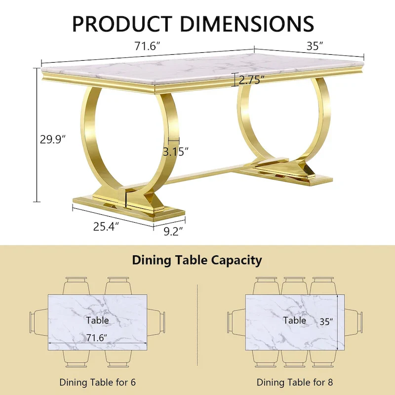 Luxury Dining Table with Polished Metal Circle Base - 72 Inch
