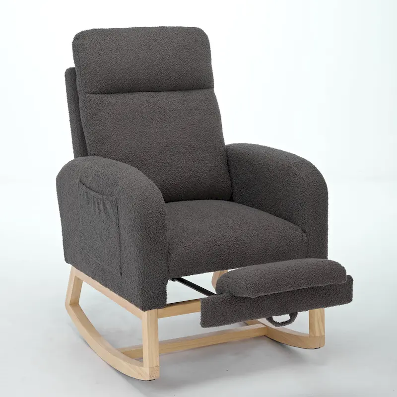 Modern 29.5 High Back Upholstered Rocking Chair with Solid Wood Legs and Adjustable Footrest