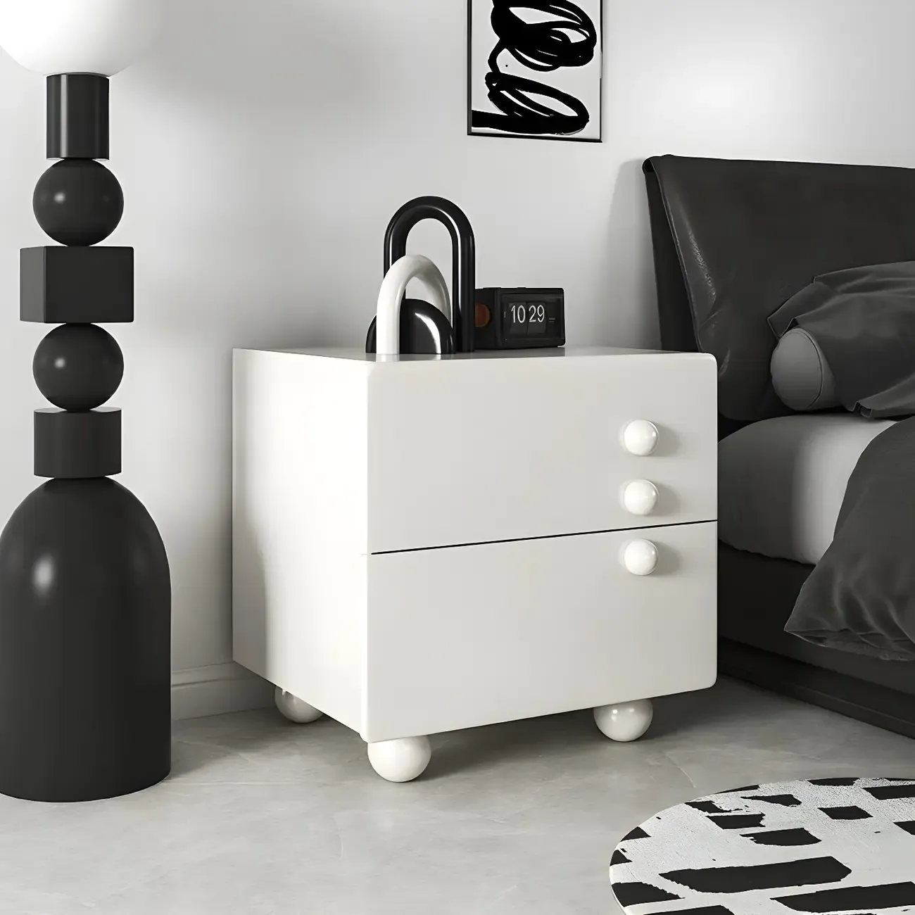 White Wood High-Gloss 2-Drawer Nightstand with Sphere Legs