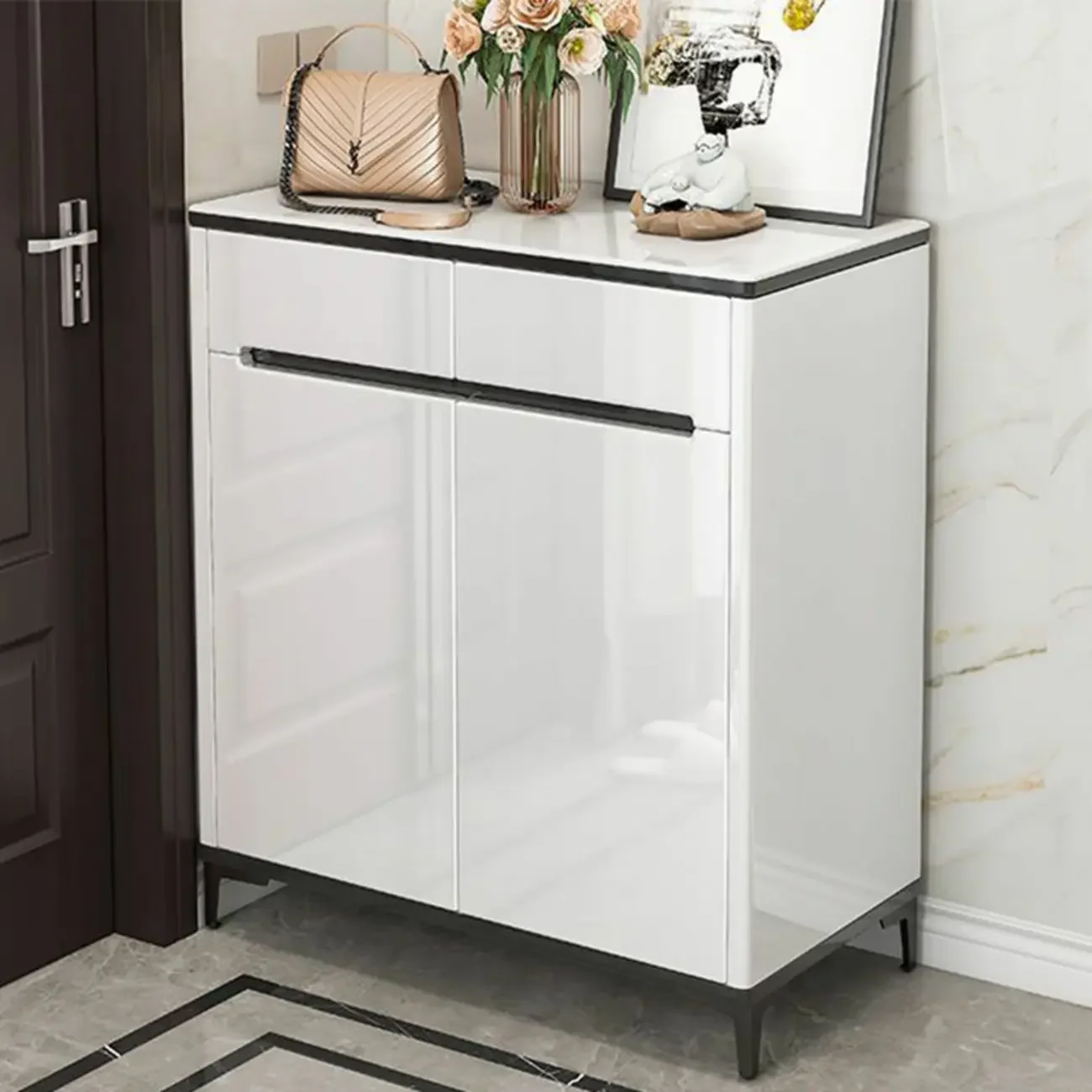 Sleek Entryway Wooden Shoe Storage Cabinet with Glass Top