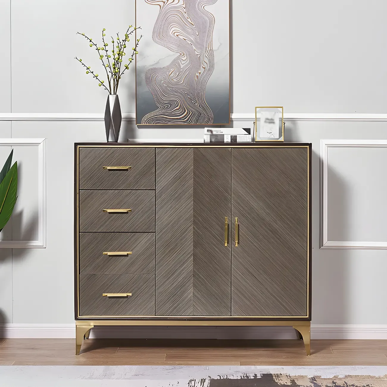 Glam Wooden Sideboard with Drawers & Adjustable Shelves