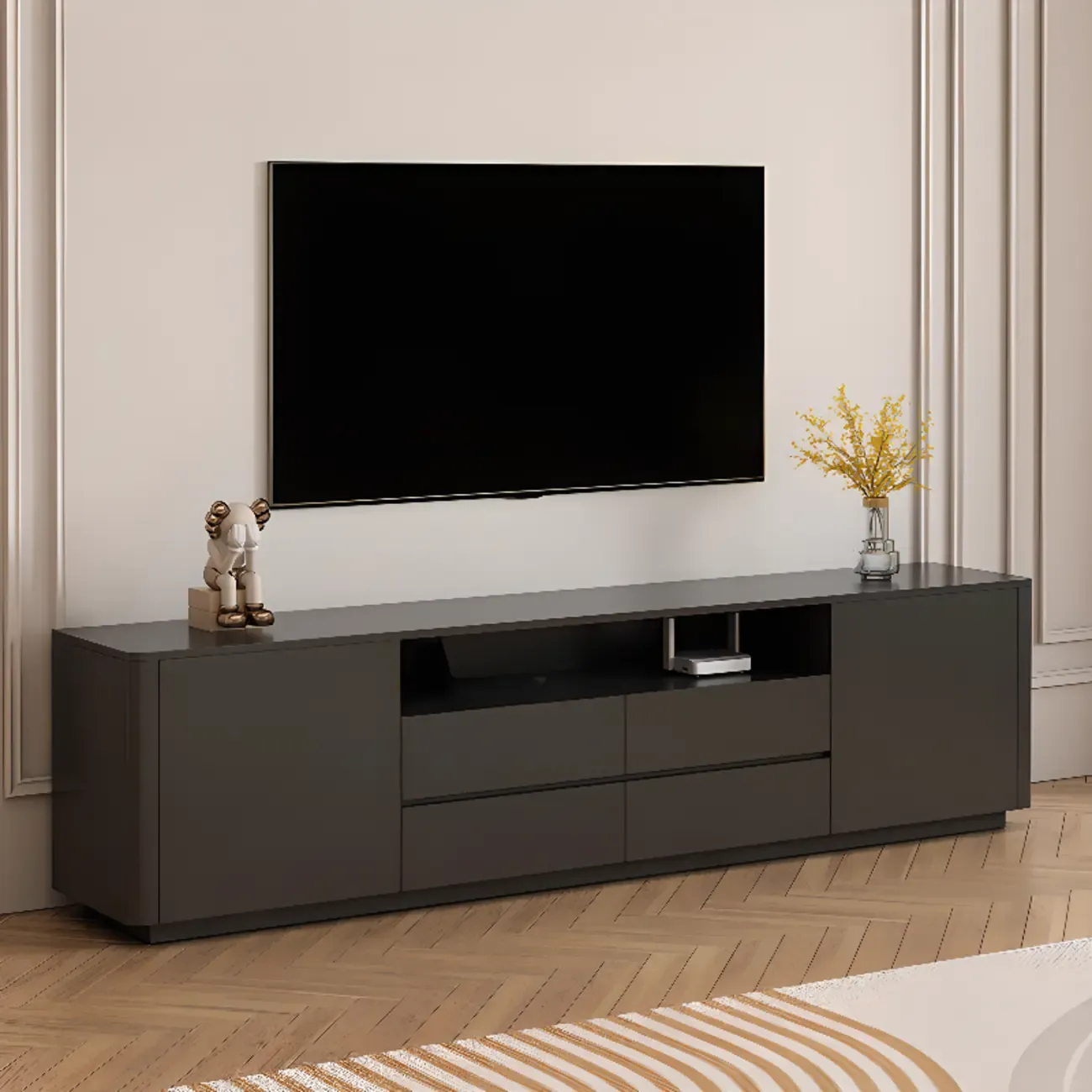 Modern Black Wooden TV Stand with Cable Management