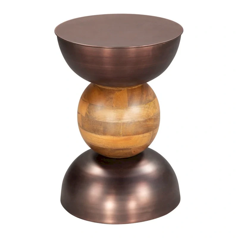 Round Pedestal End Table - Bronze & Brown, Iron & Solid Wood, 20W x 20.3H