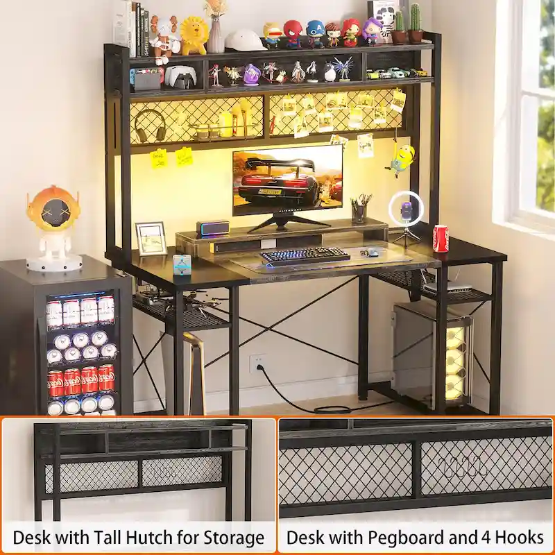 Gaming Deck with Charge Station and LED Light, Computer Table with Hutch and Shelves